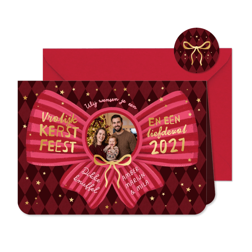 Kerstkaart strik hip roze rood goud sterretjes foto - Kaartimpressie
