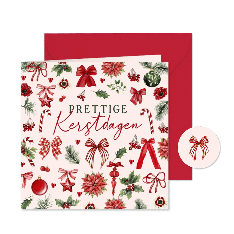 Kerstkaart strikjes en kerstballen met kersttakken - Kaartimpressie