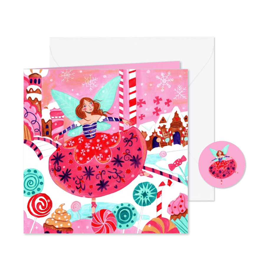 Kerstkaart sugar plum fairy ballerina in de sneeuw - Kaartimpressie