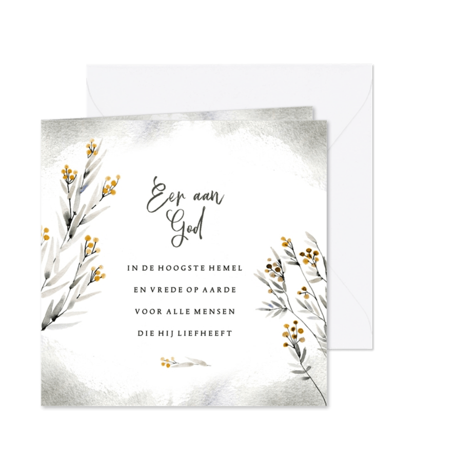 Kerstkaart takje geel bijbeltekst - Kaartimpressie