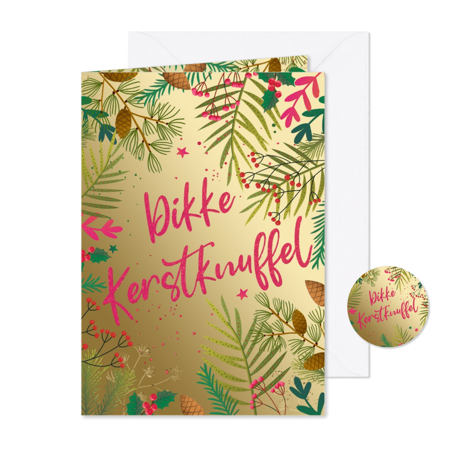 Kerstkaart takjes met goudlook achtergrond - Kaartimpressie