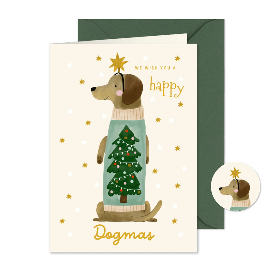 Kerstkaart teckel happy dogmas trui kerstboom en sterren - Kaartimpressie
