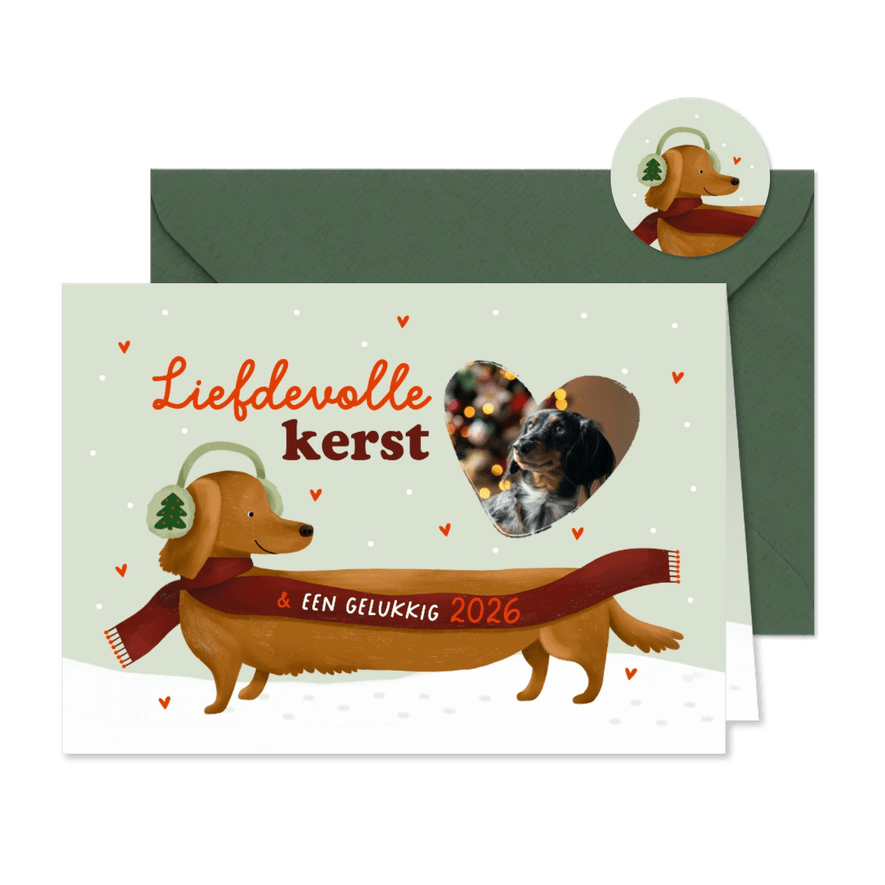 Kerstkaart teckel hartjes sjaal sneeuw met foto - Kaartimpressie