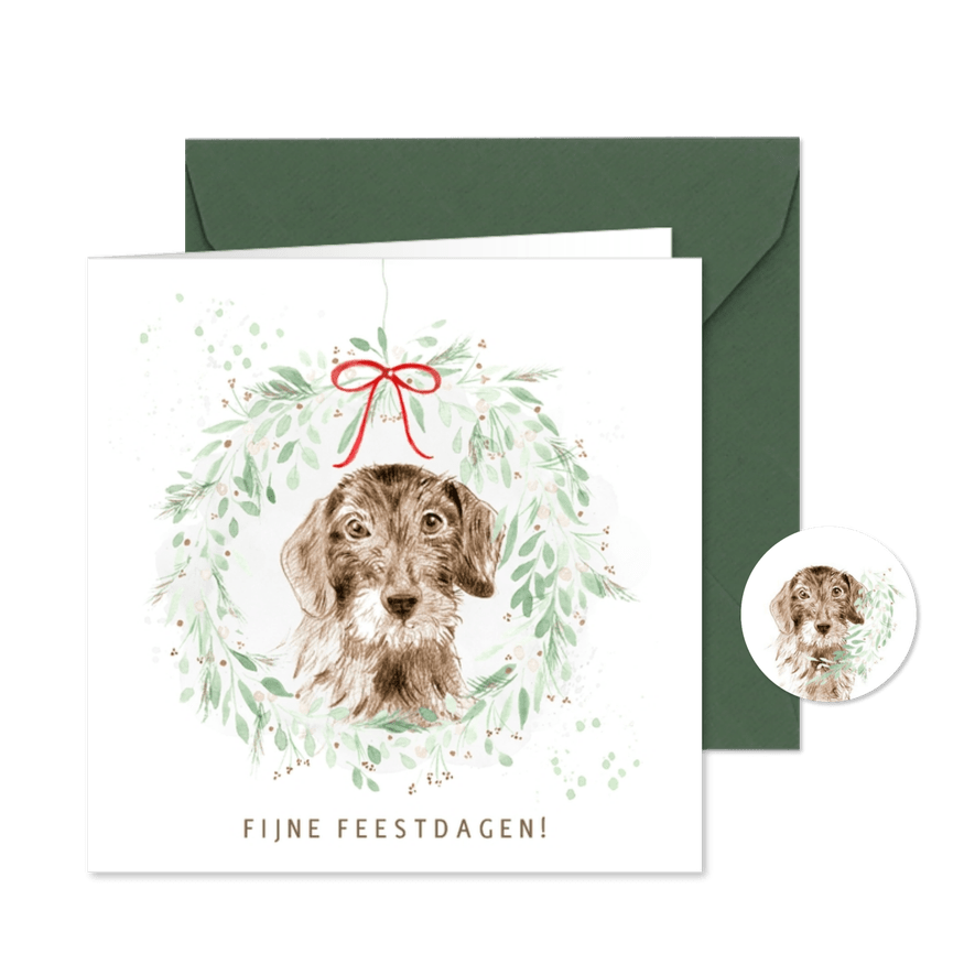 Kerstkaart - Teckel in kerstkrans - Kaartimpressie