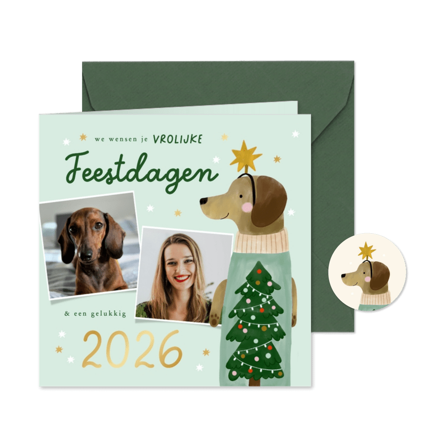 Kerstkaart teckel kerstboom sterren en foto's jaartal - Kaartimpressie