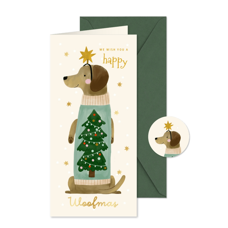 Kerstkaart teckel met kerstboom trui sterren happy woofmas - Kaartimpressie