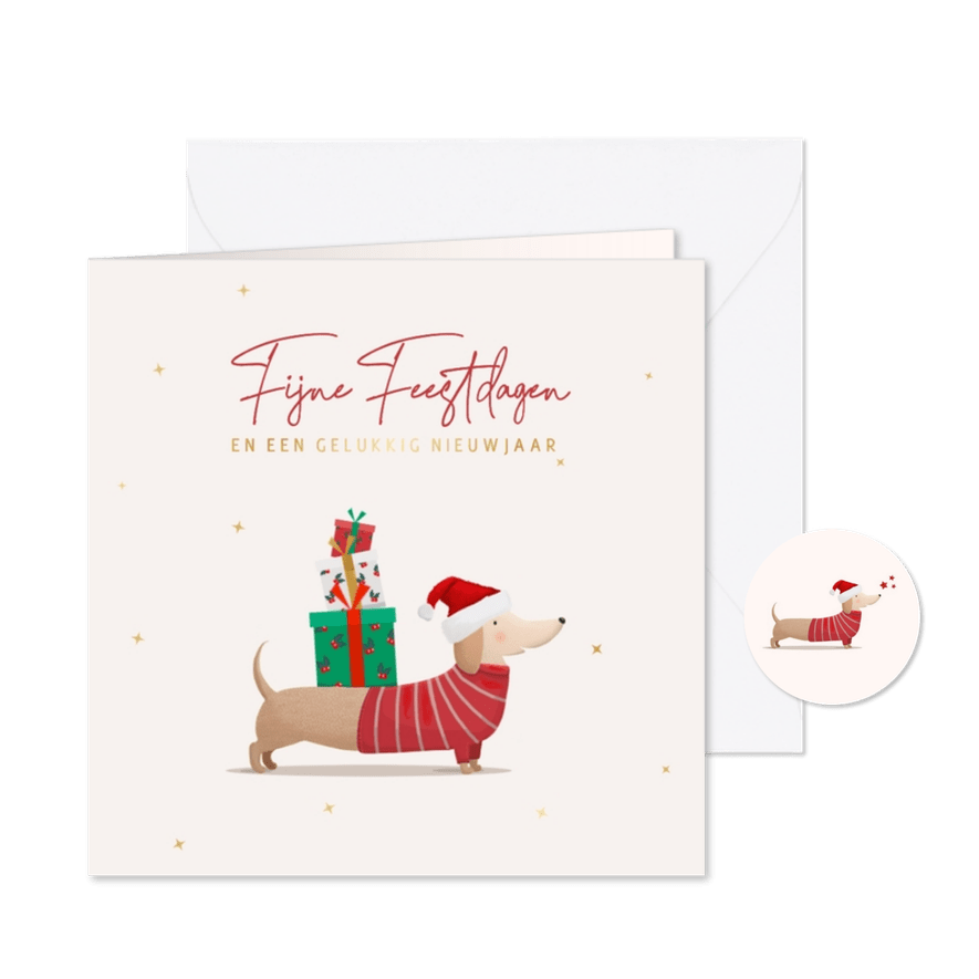 Kerstkaart teckel met kerstmuts - Kaartimpressie