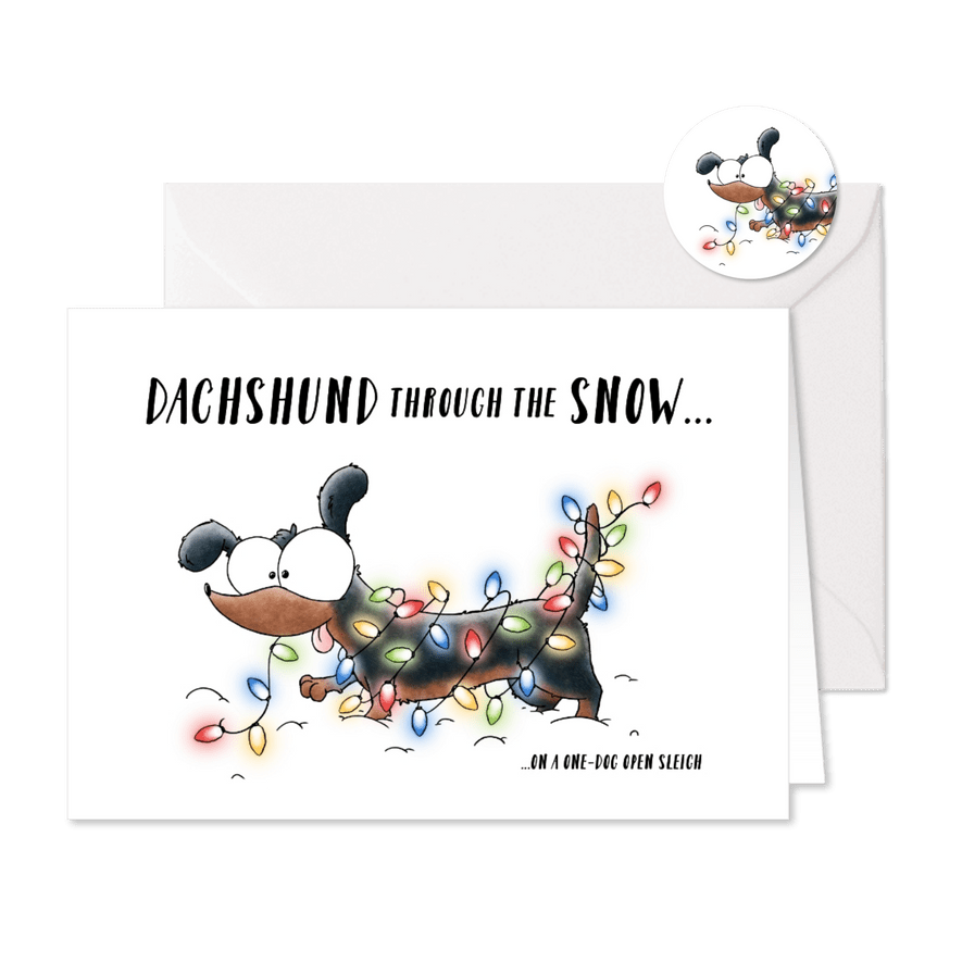 Kerstkaart teckel met lampjes dachshund through the snow - Kaartimpressie