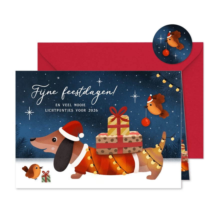 Kerstkaart teckel met lampjes, sneeuw en roodborstje - Kaartimpressie