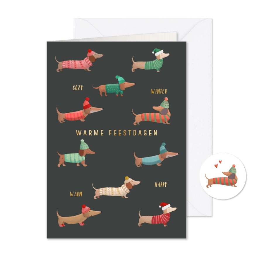 Kerstkaart teckels met winterkleding - Kaartimpressie