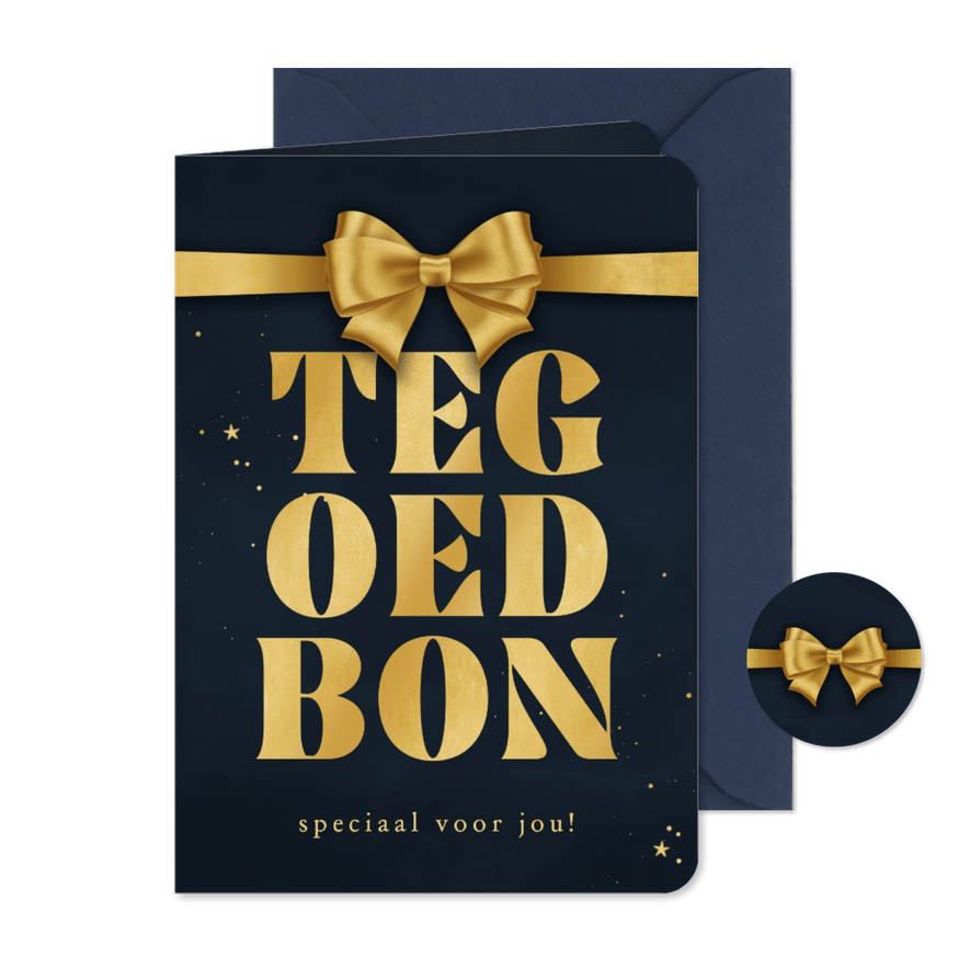 Kerstkaart tegoedbon kerst donkerblauw met gouden strik - Kaartimpressie