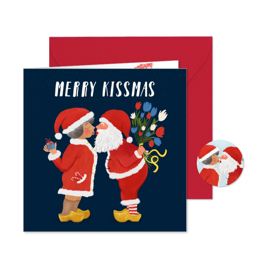 Kerstkaart (tegoedbon) met kussende Kerstman en kerstvrouw - Kaartimpressie