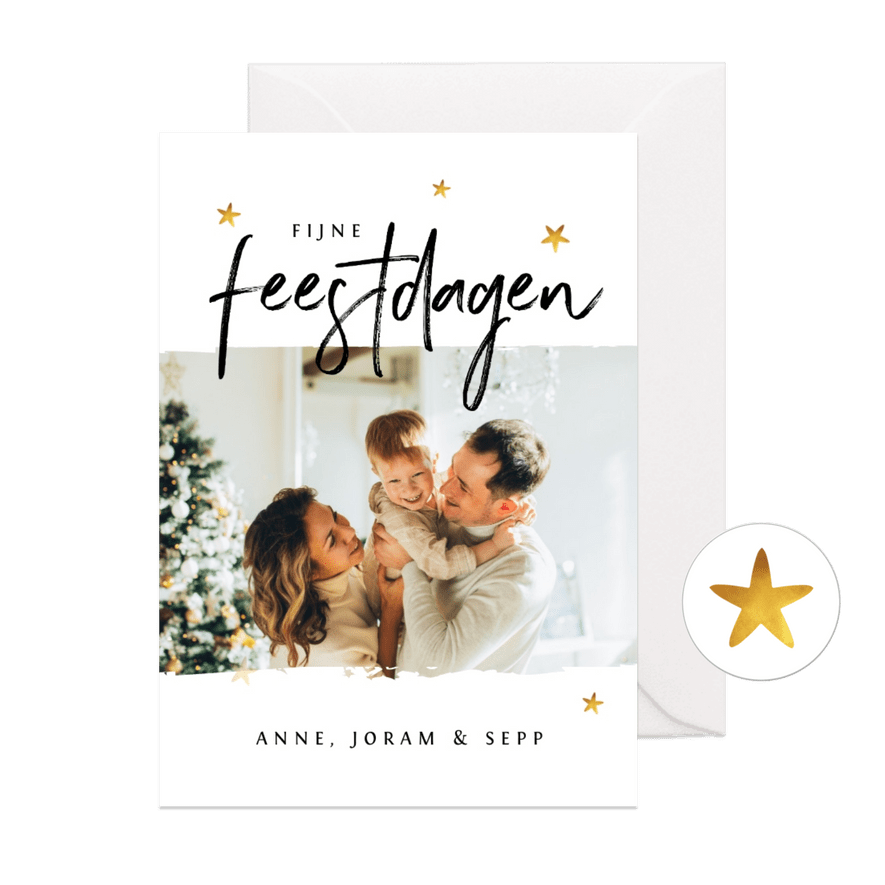 Kerstkaart tekst 'fijne feestdagen' foto sterren goud  - Kaartimpressie