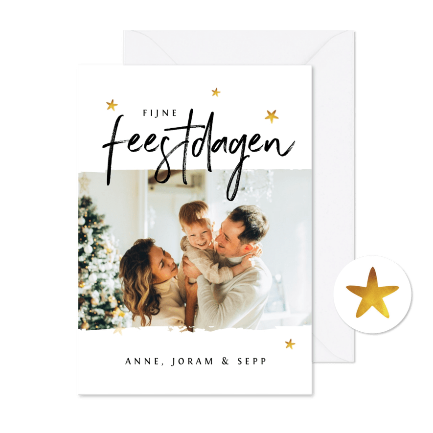 Kerstkaart tekst 'fijne feestdagen' foto sterren goud - Kaartimpressie