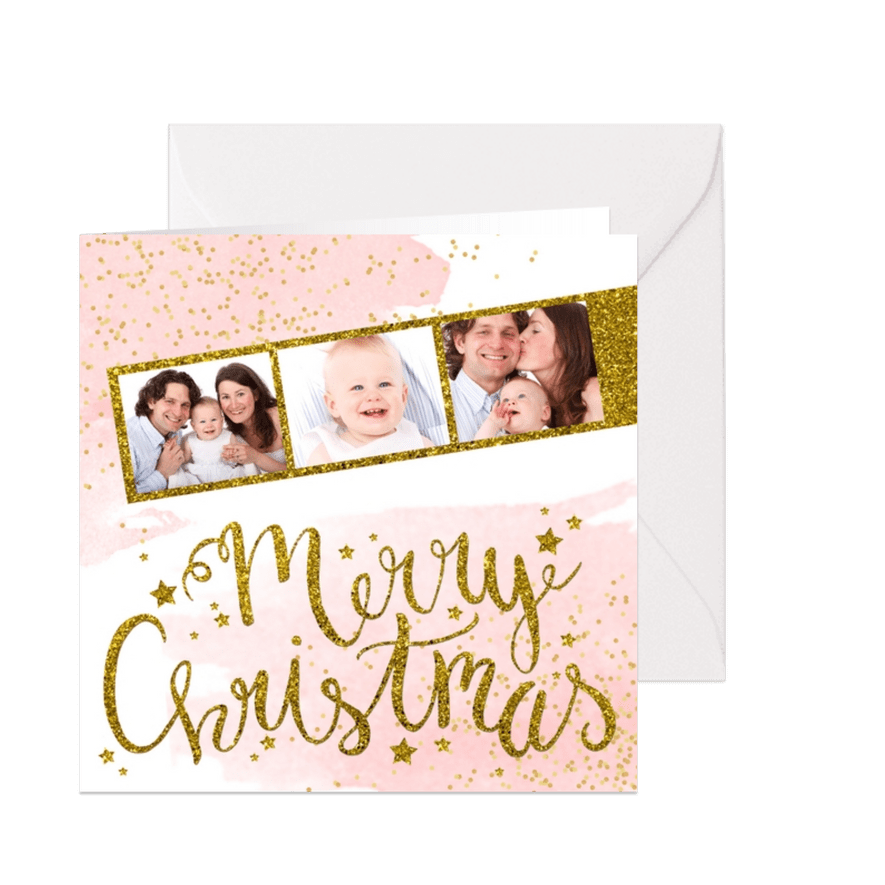 Kerstkaart tekst fotostrip glitter aquarel - Kaartimpressie