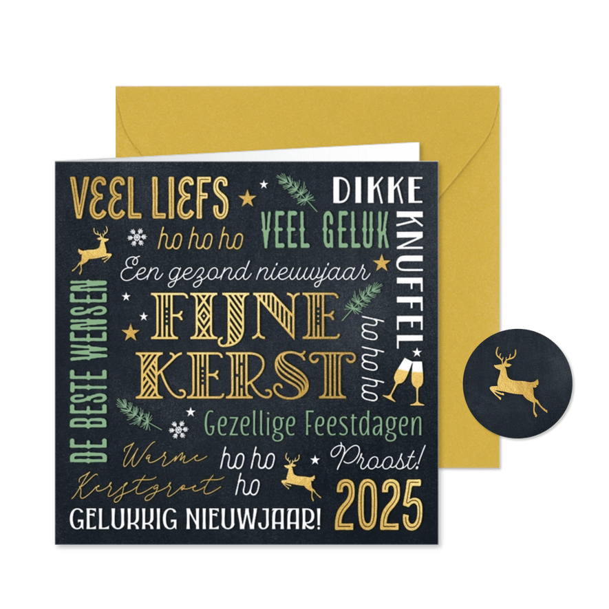 Kerstkaart teksten goud en groen typografie - Kaartimpressie