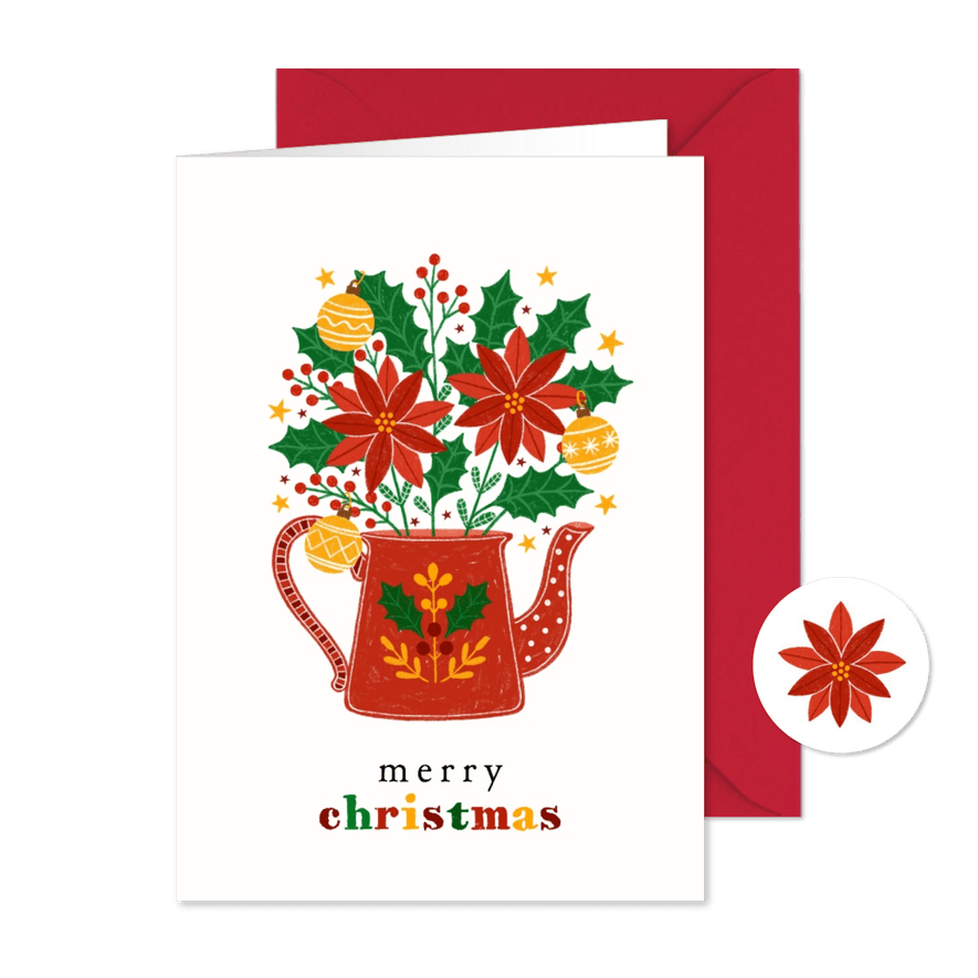 Kerstkaart theepot kerstbloemen - Kaartimpressie