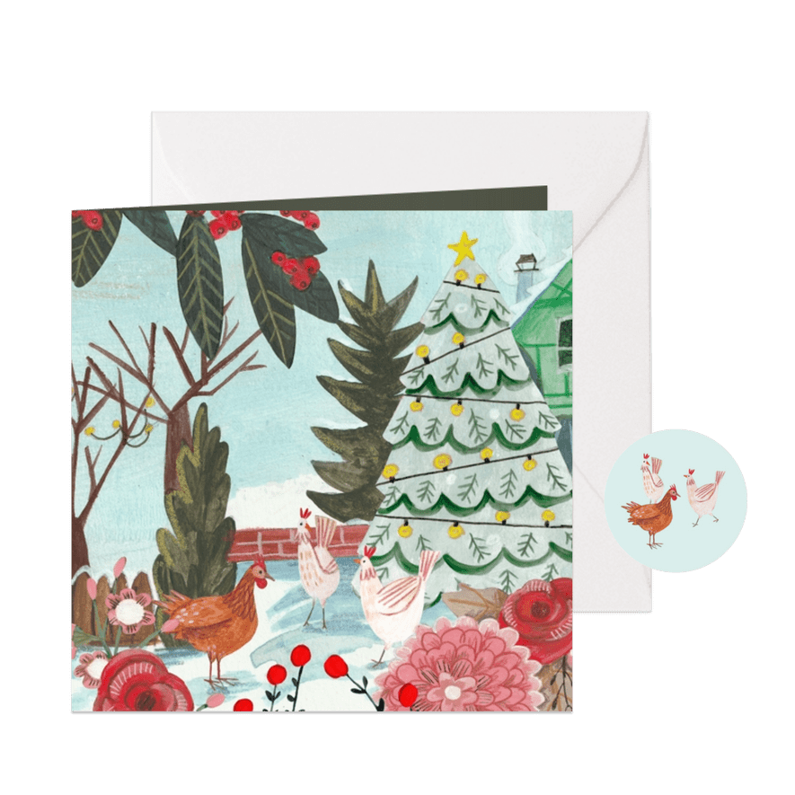 Kerstkaart 'three french hens' illustratie - Kaartimpressie