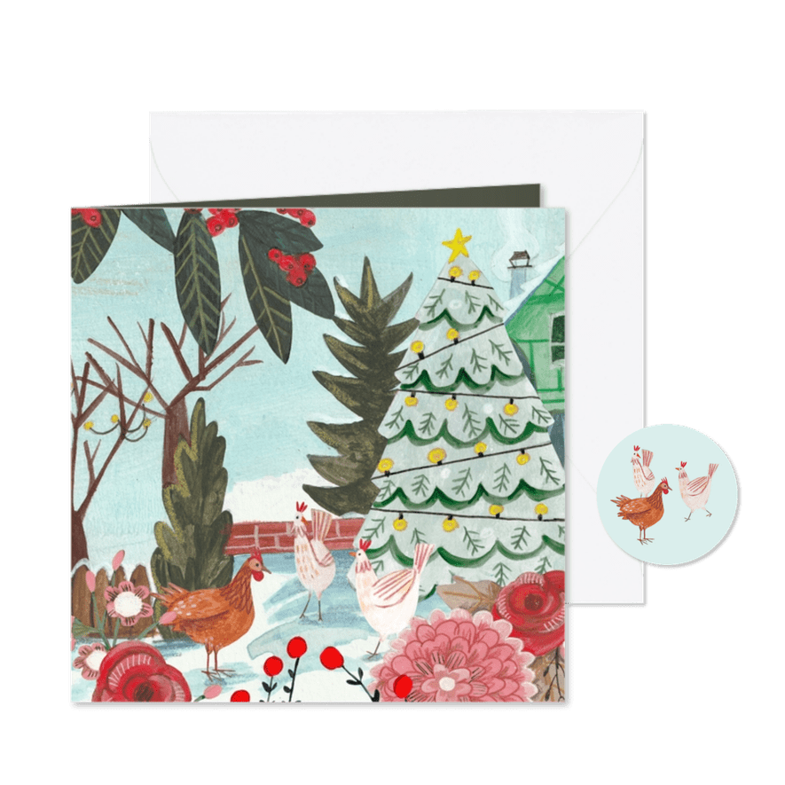 Kerstkaart 'three french hens' illustratie - Kaartimpressie