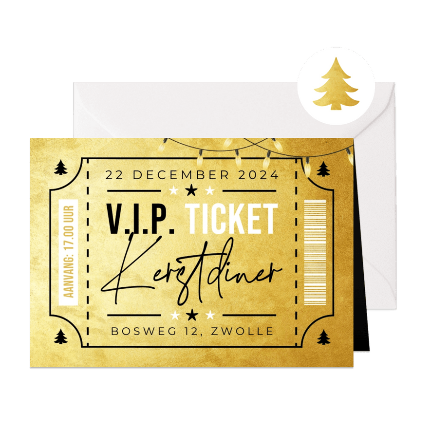 Kerstkaart ticket kerstdiner goud VIP party - Kaartimpressie