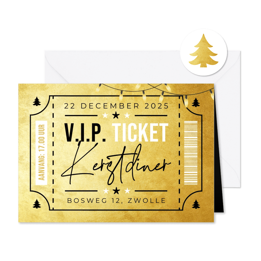 Kerstkaart ticket kerstdiner goud VIP party - Kaartimpressie