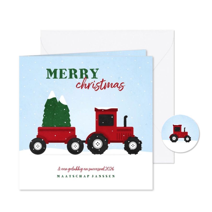 Kerstkaart tractor met kerstbomen en sneeuw agrarisch - Kaartimpressie