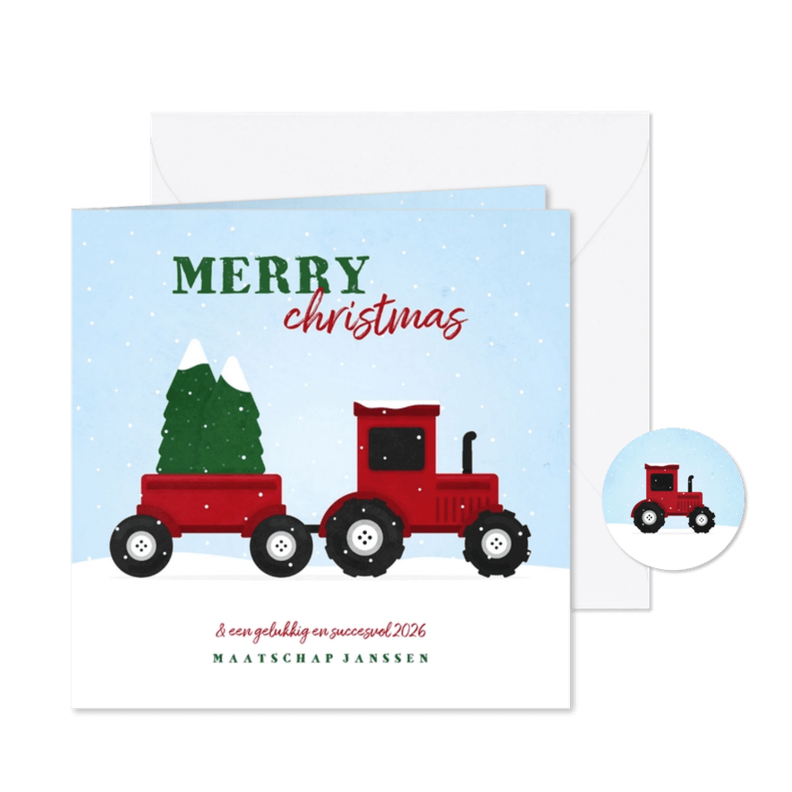 Kerstkaart tractor met kerstbomen en sneeuw agrarisch - Kaartimpressie