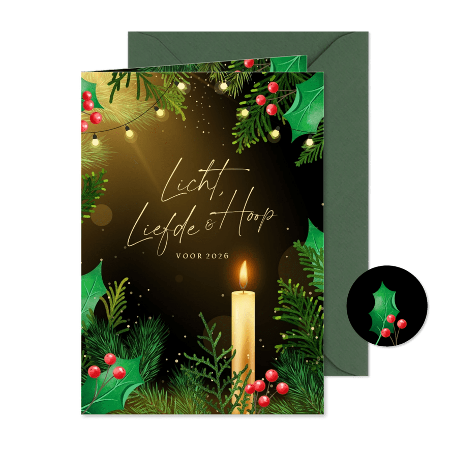 Kerstkaart traditioneel realistische kersttakken en kaars - Kaartimpressie