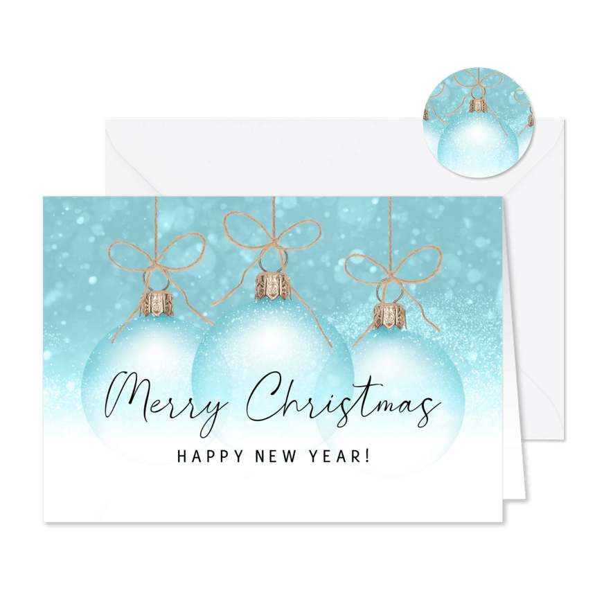Kerstkaart transparante glazen kerstballen blauw - Kaartimpressie