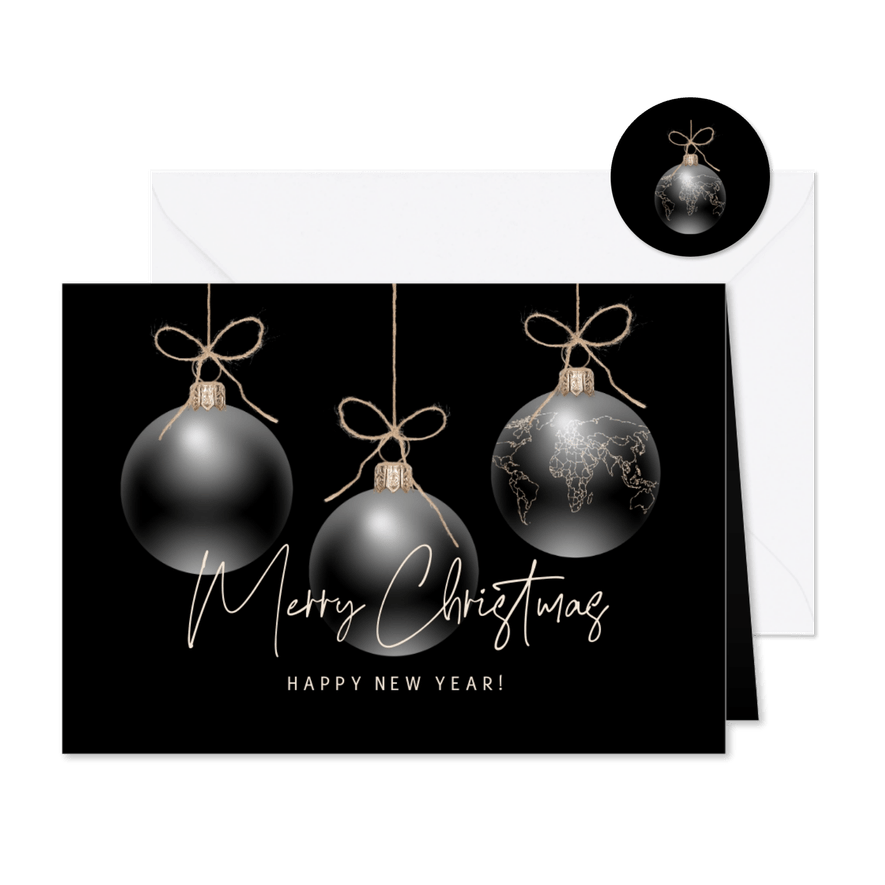 Kerstkaart transparante kerstballen zwart goud - Kaartimpressie