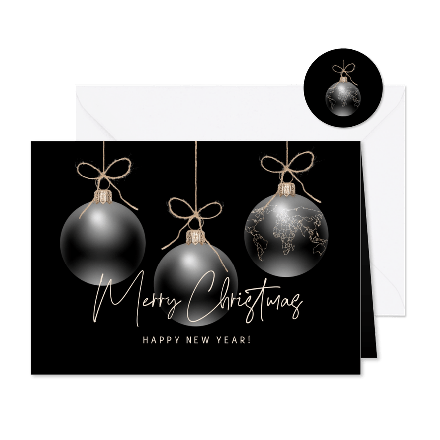 Kerstkaart transparante kerstballen zwart goud - Kaartimpressie