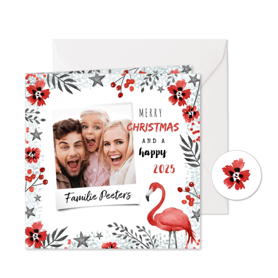 Kerstkaart trend flamingo rood winter bloemen foto - Kaartimpressie