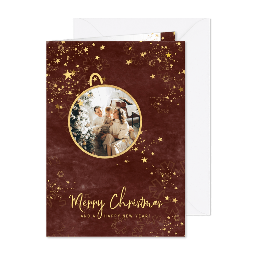 Kerstkaart trendy en stijlvol met sterren en eigen foto - Kaartimpressie