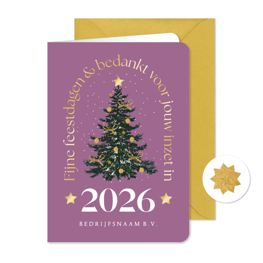 Kerstkaart trendy goud kerstboom sneeuw sterren strik - Kaartimpressie
