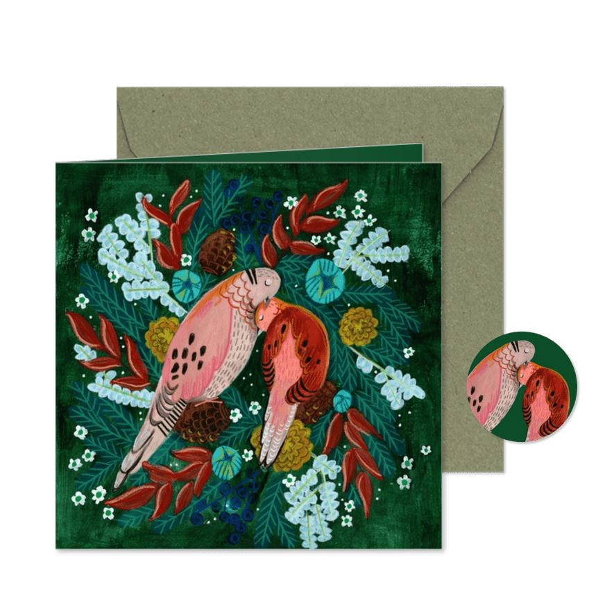 Kerstkaart twee duiven in het kerstgroen - Kaartimpressie