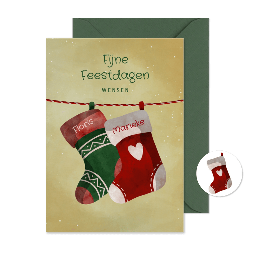 Kerstkaart twee kerstsokken aan touwtje - Kaartimpressie