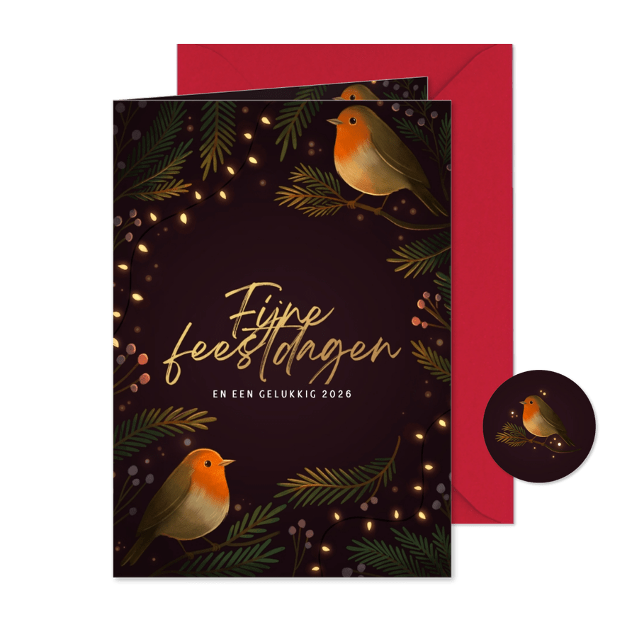 Kerstkaart twee roodborstjes met kerstlampjes - Kaartimpressie