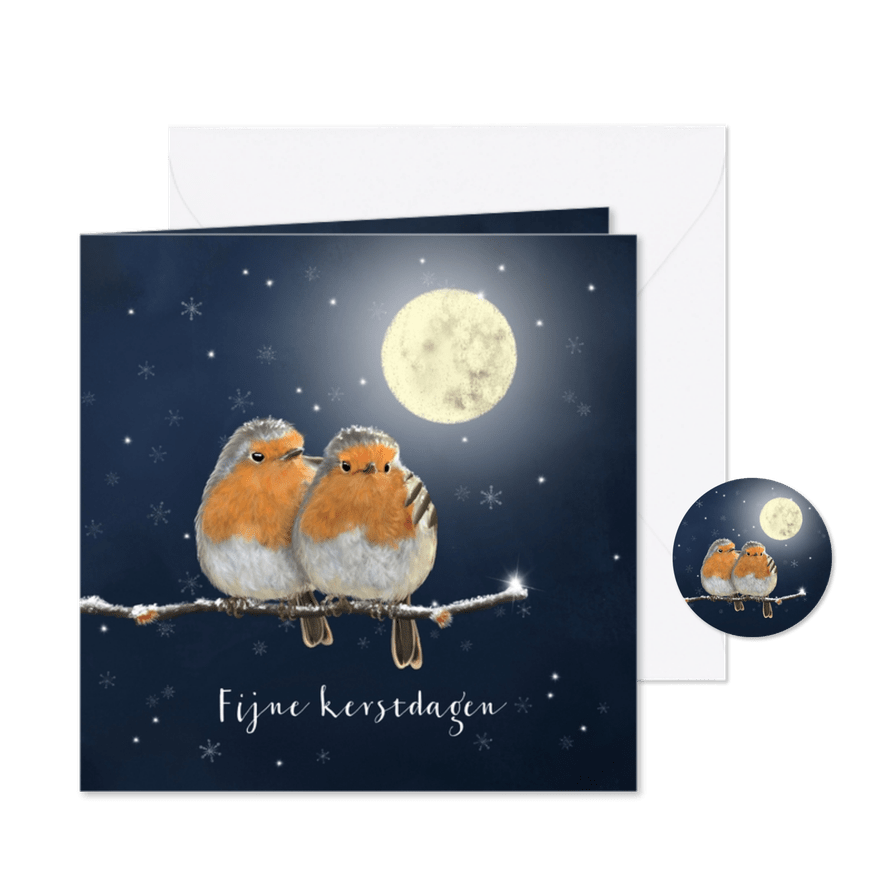 Kerstkaart twee roodborstjes op besneeuwde tak - Kaartimpressie