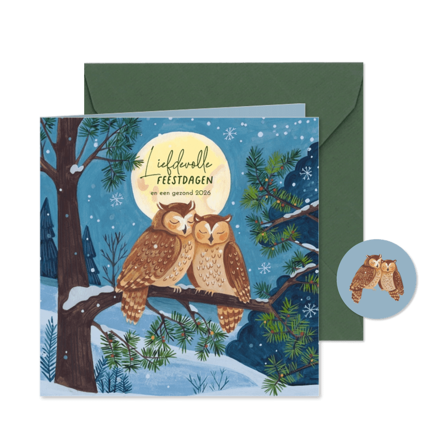 Kerstkaart twee uiltjes in maanlicht in de sneeuw - Kaartimpressie
