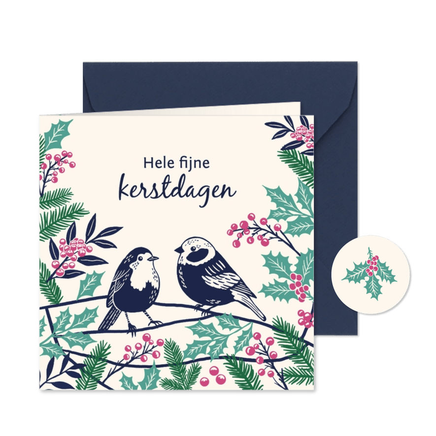 Kerstkaart twee wintervogels met kerstgroen in kleur - Kaartimpressie