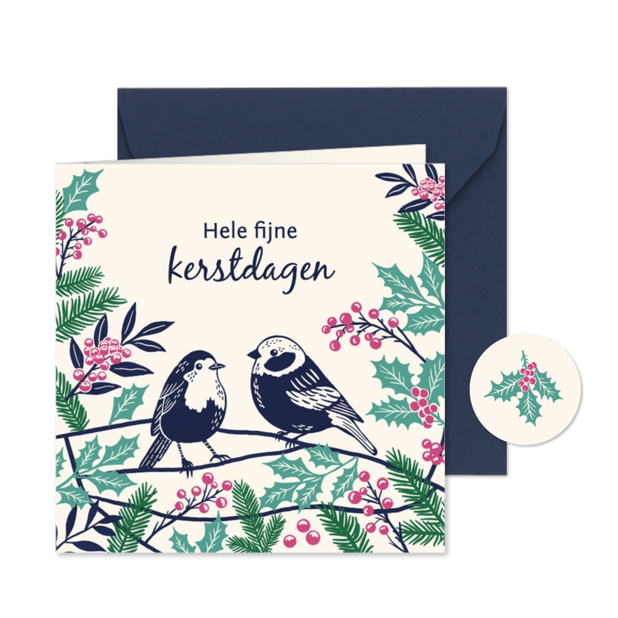 Kerstkaart twee wintervogels met kerstgroen in kleur - Kaartimpressie