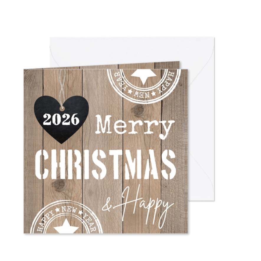 Kerstkaart typografie hartje houtlook - Kaartimpressie