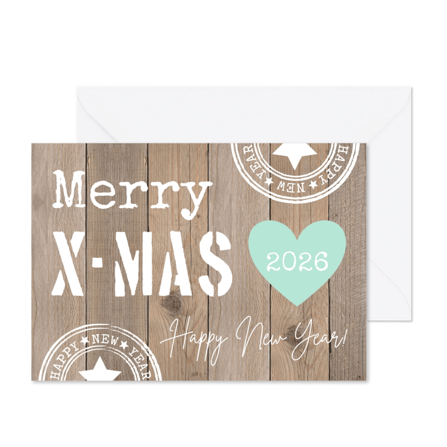 Kerstkaart typografie houtlook hartje mintgroen 2026 - Kaartimpressie