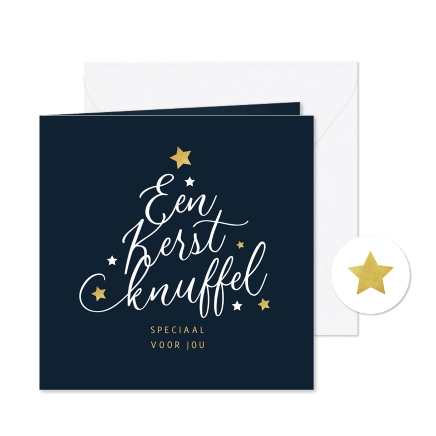 Kerstkaart typografie kerstboom kerstknuffel sterren goud - Kaartimpressie