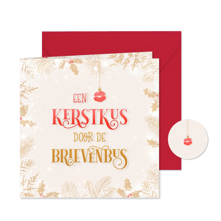 Kerstkaart typografisch kerstkus door de brievenbus - Kaartimpressie
