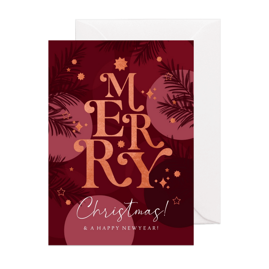 Kerstkaart typografisch 'Merry Christmas' koper kerstballen - Kaartimpressie