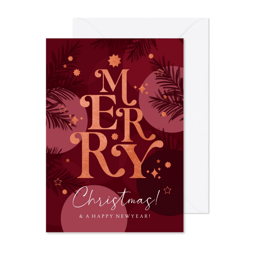 Kerstkaart typografisch 'Merry Christmas' koper kerstballen - Kaartimpressie