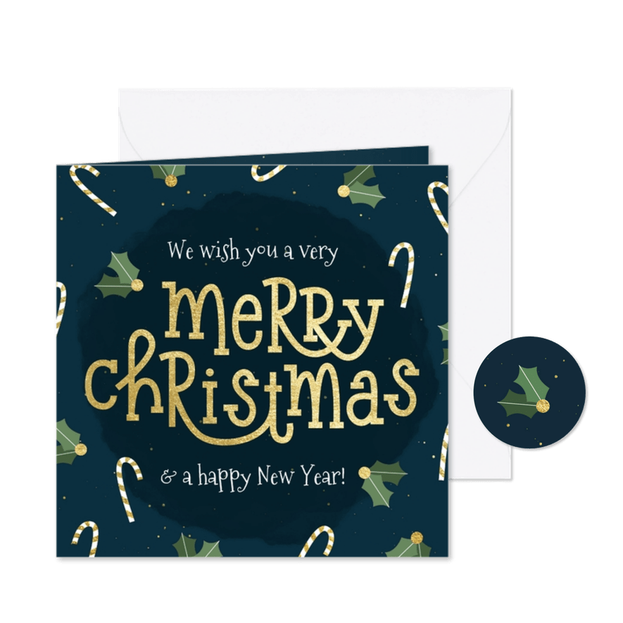 Kerstkaart typografisch met zuurstok en hulst goudlook - Kaartimpressie