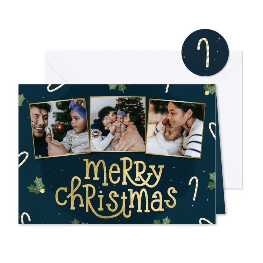 Kerstkaart typografisch met zuurstok hulst en fotocollage - Kaartimpressie