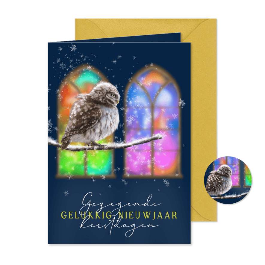 Kerstkaart uil op een tak in de sneeuw - Kaartimpressie
